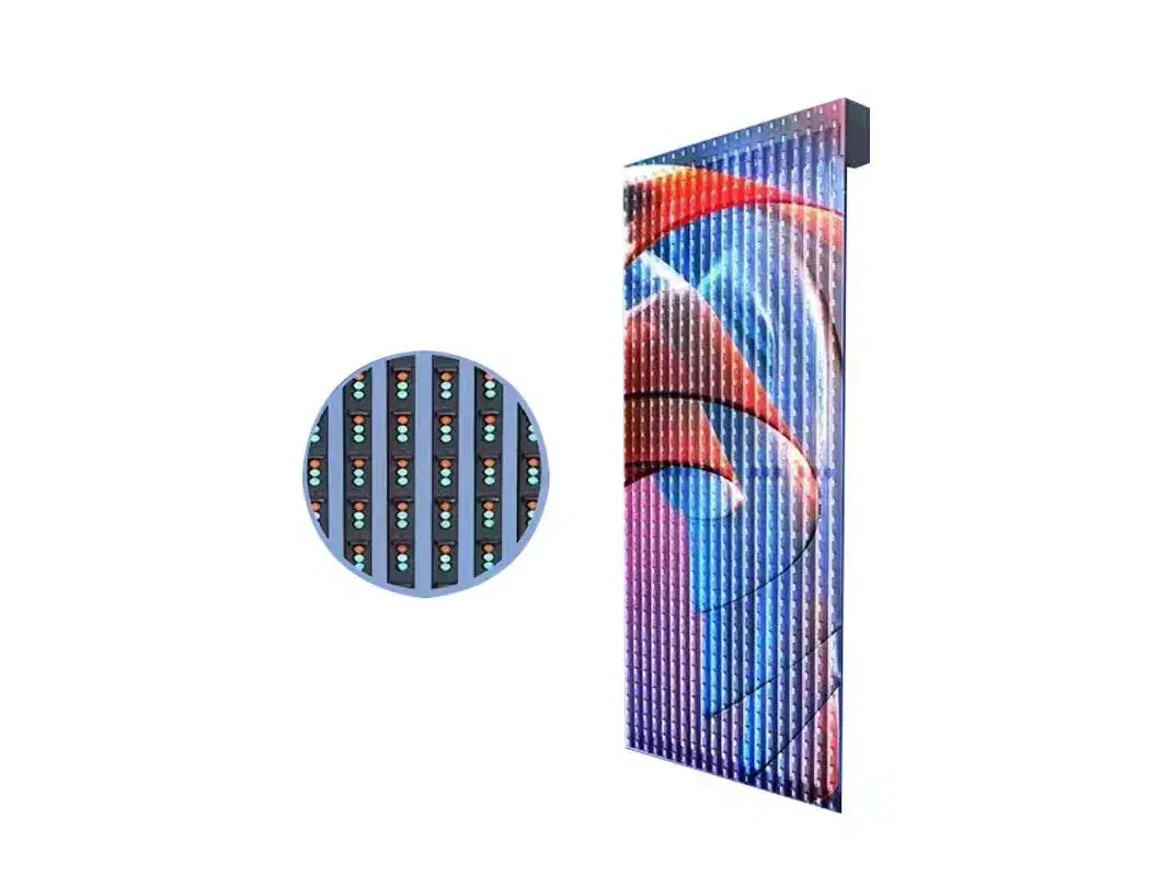 Malla LED transparente Serie TS encendida, con detalle de las barras