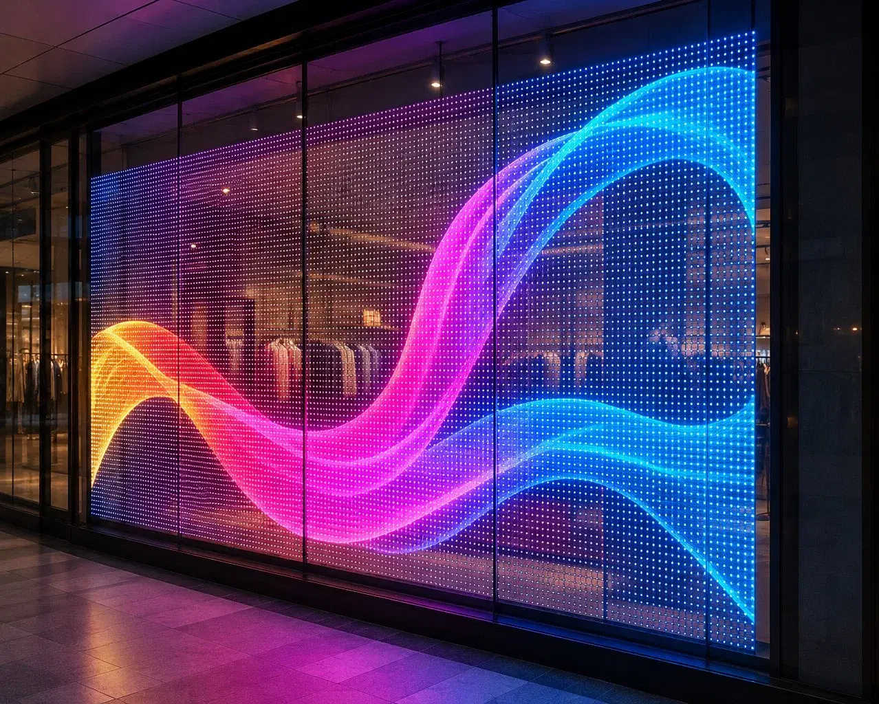 Render de LED Transparente instalado sobre una vidriera, mostrando el efecto de transparencia con contenido parcialmente visible